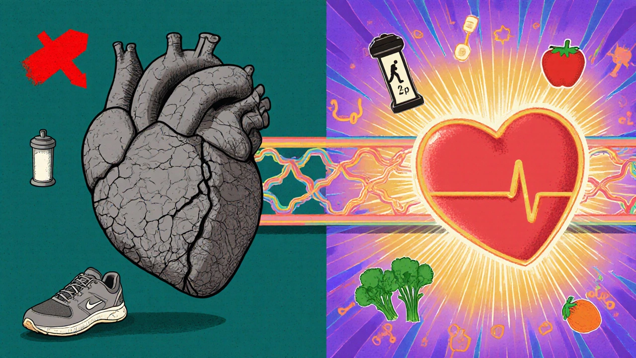 Split image: damaged heart vs healed heart, connected by psychedelic lines, with healthy lifestyle symbols on the right.