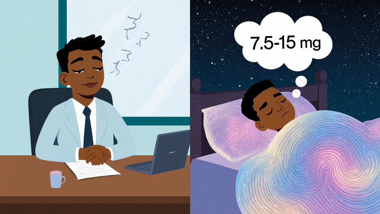 Split scene: groggy person at work vs. peaceful sleeper at night with dosage symbols.