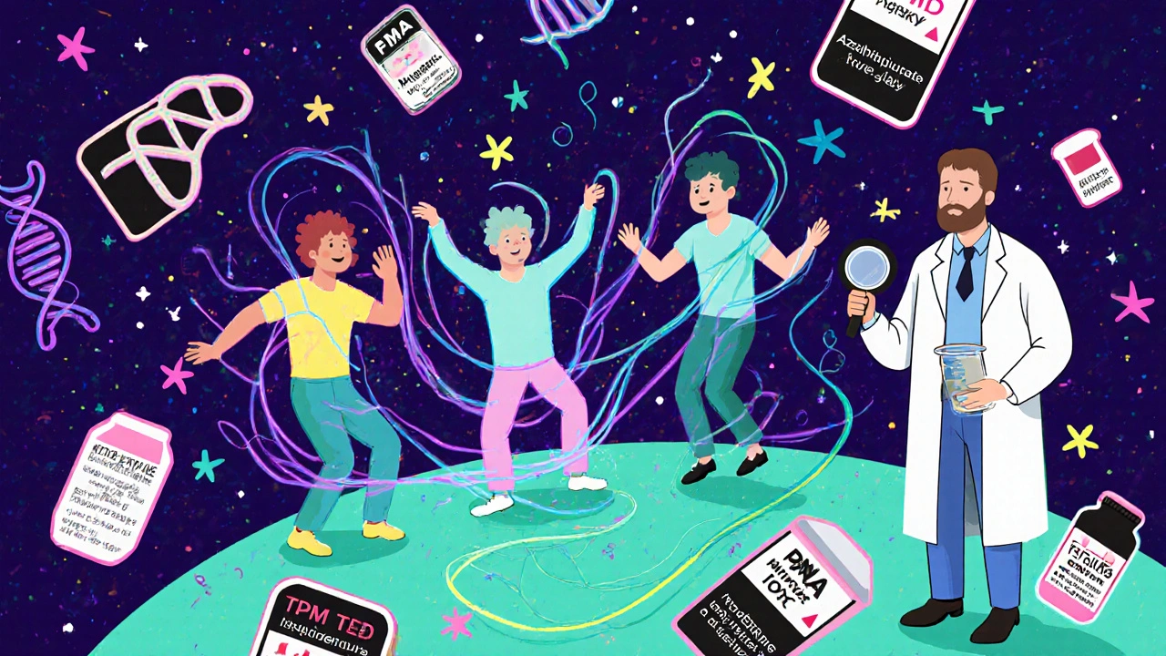 Three drug figures dancing in a psychedelic pattern with DNA symbols and blood test vials nearby.