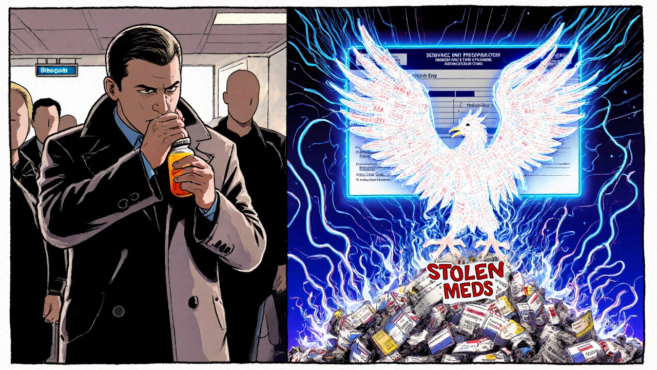 Traveler discreetly storing meds while a phoenix of prescription labels rises from stolen medication ashes.