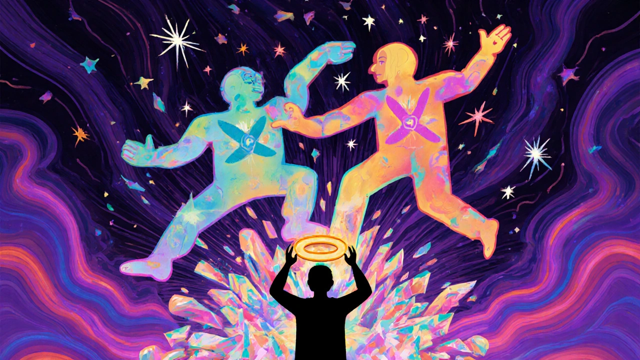 Two antiviral drugs in swirling psychedelic form neutralizing a fracturing hepatitis C virus.