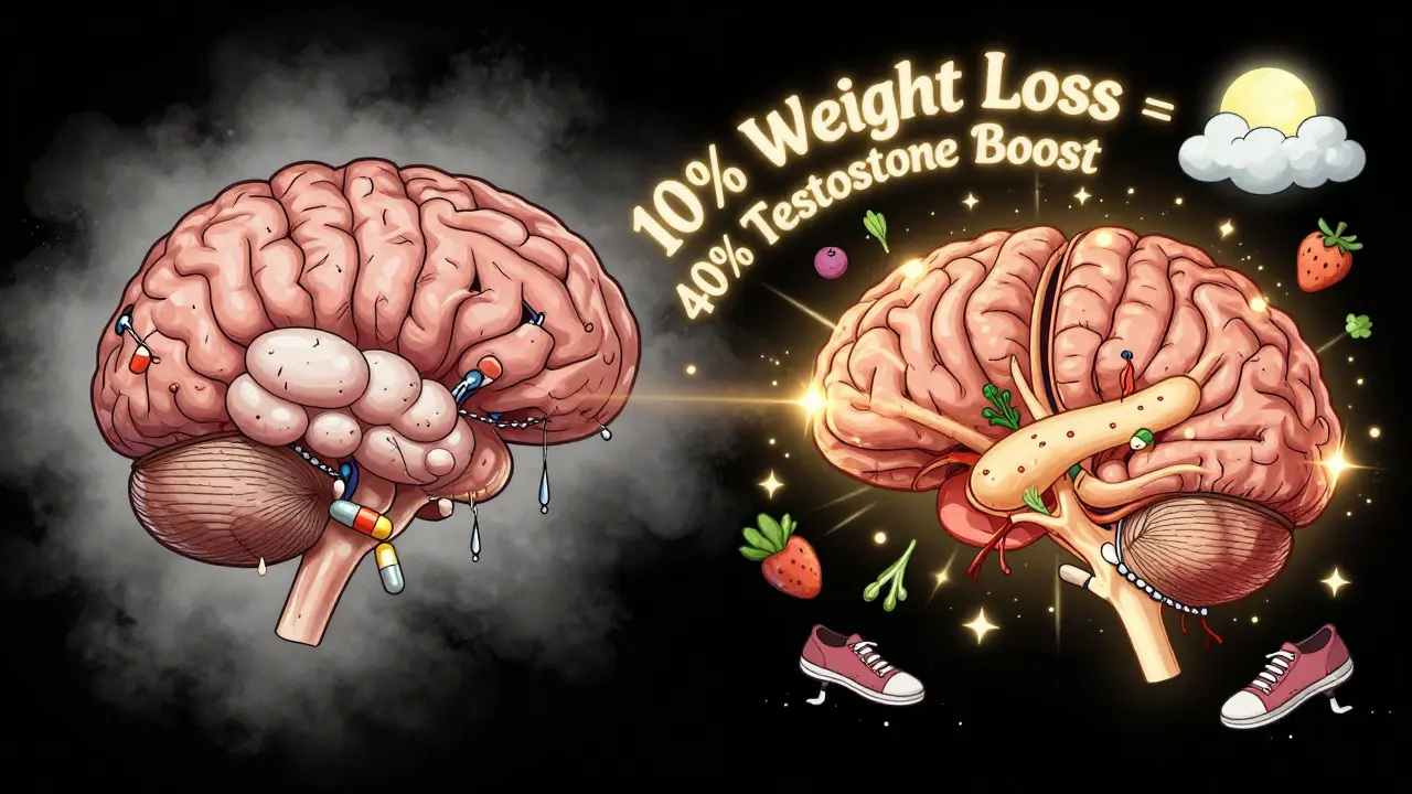 A brain split into diseased and healed states, connected by a path of lifestyle changes and glowing signals.