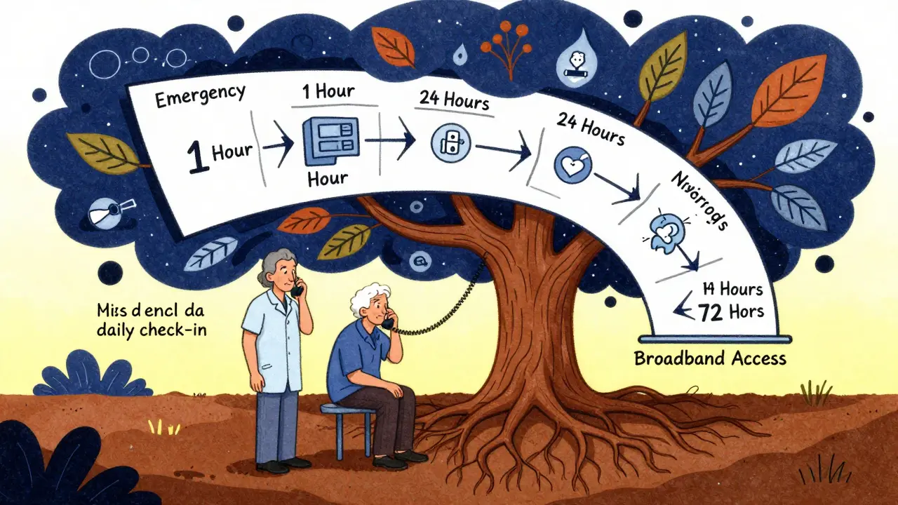 A care coordinator answers a missed check-in call as a psychedelic emergency response flowchart grows behind them.
