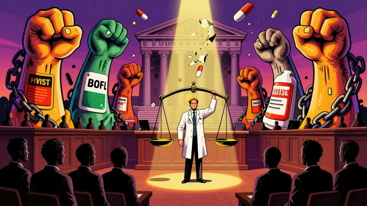A doctor in court surrounded by towering generic drug labels turning into chains under a shattered Supreme Court.