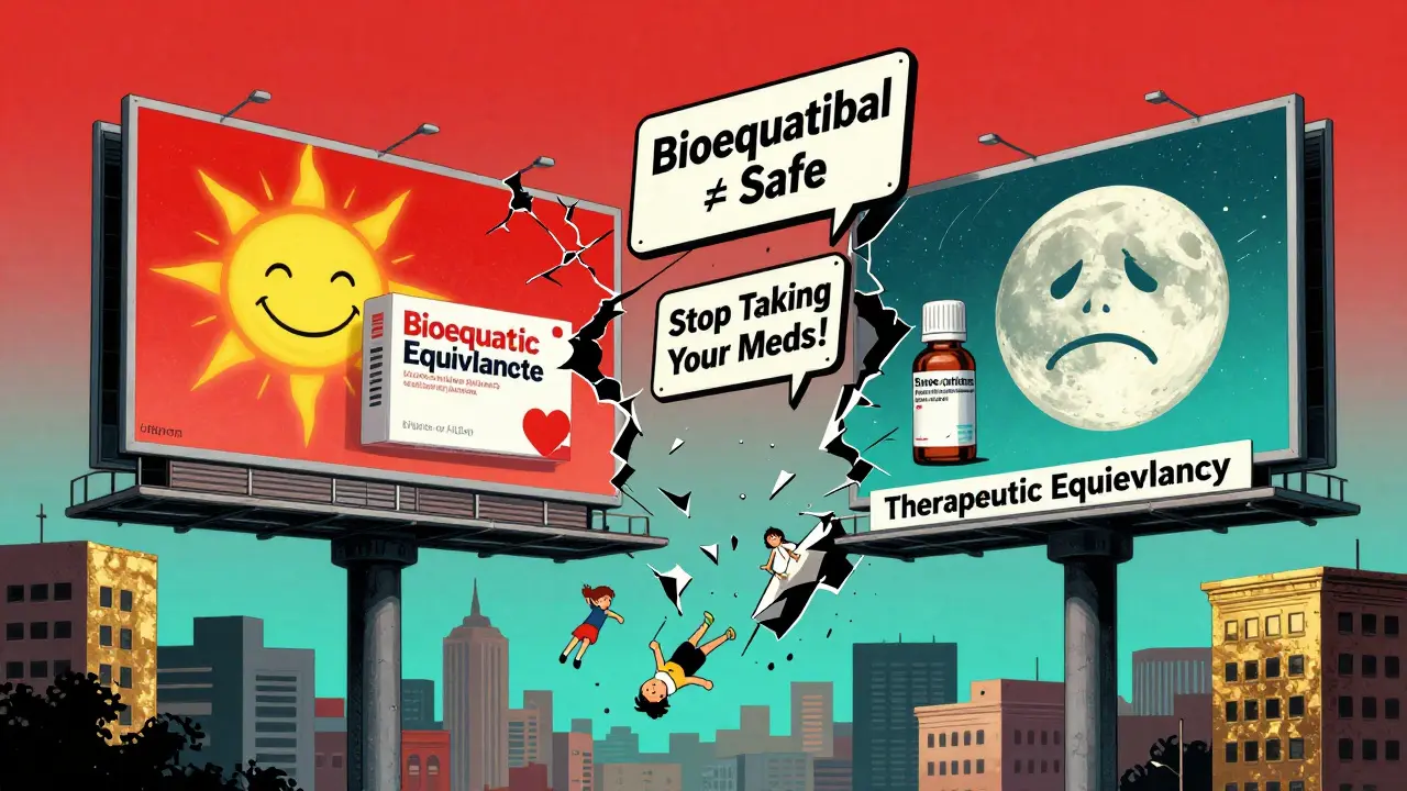 A fractured billboard showing brand and generic drugs with a crumbling bridge labeled 'Therapeutic Equivalence' as patients fall through.