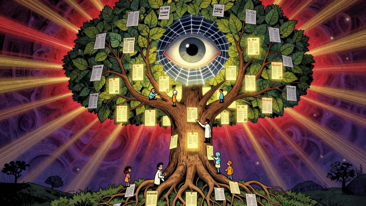 A giant tree with drug-named leaves, people adding reports, watched by a glowing eye symbolizing collective safety awareness.