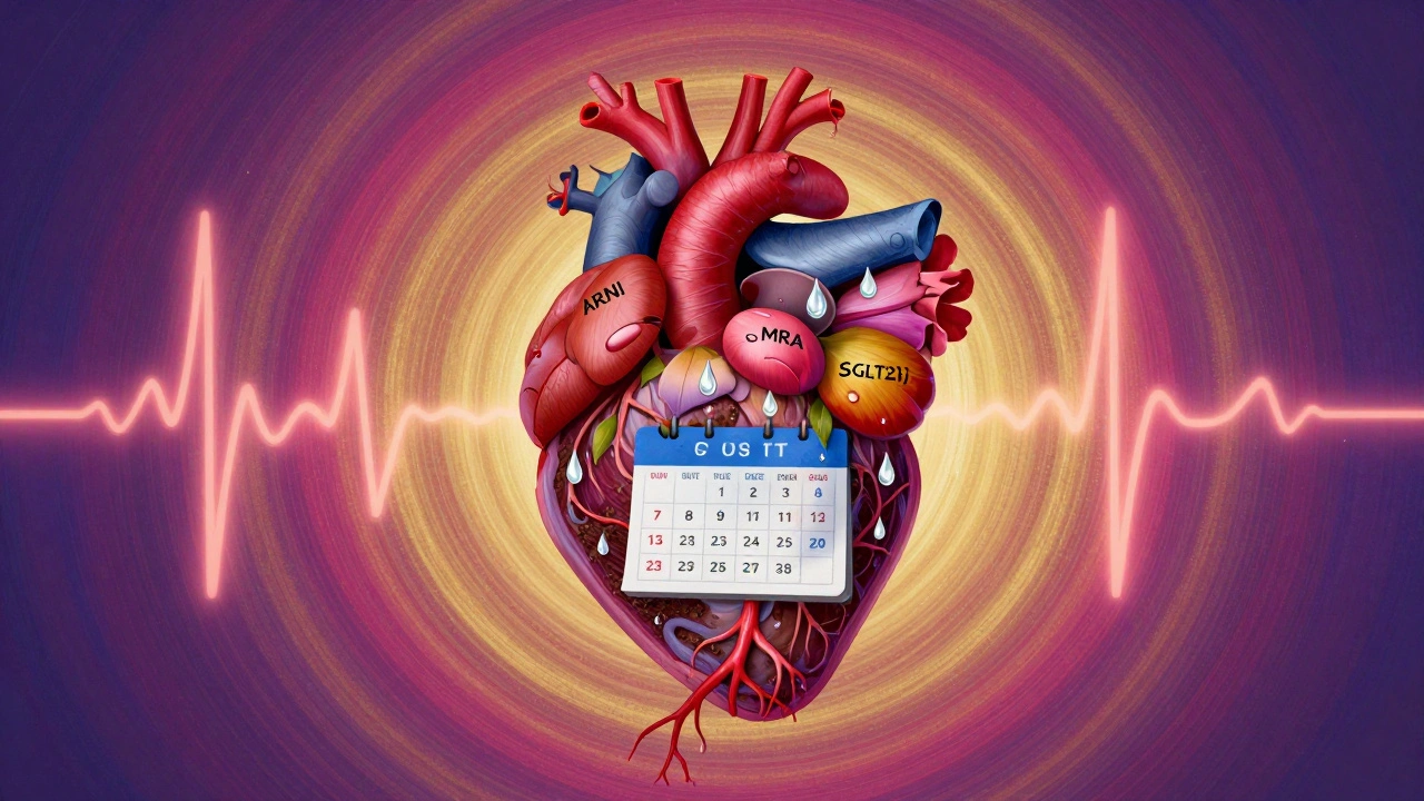 A heart blooming as a flower with pill-shaped petals and dewdrops falling into a calendar.