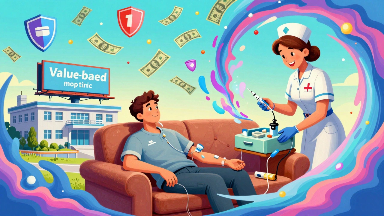 A home infusion scene with a nurse delivering care, while a hospital shrinks and copay maximizer icons float above, showing cost-saving options.