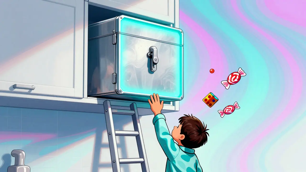 A locked medicine box on a high shelf glows with neon colors as a child tries to reach it with a candy-wrapper ladder.