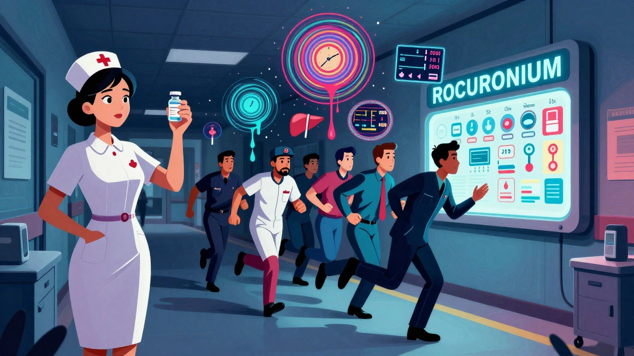 A midnight emergency drill with a melting clock and glowing replacement drug panel in swirling op-art colors.