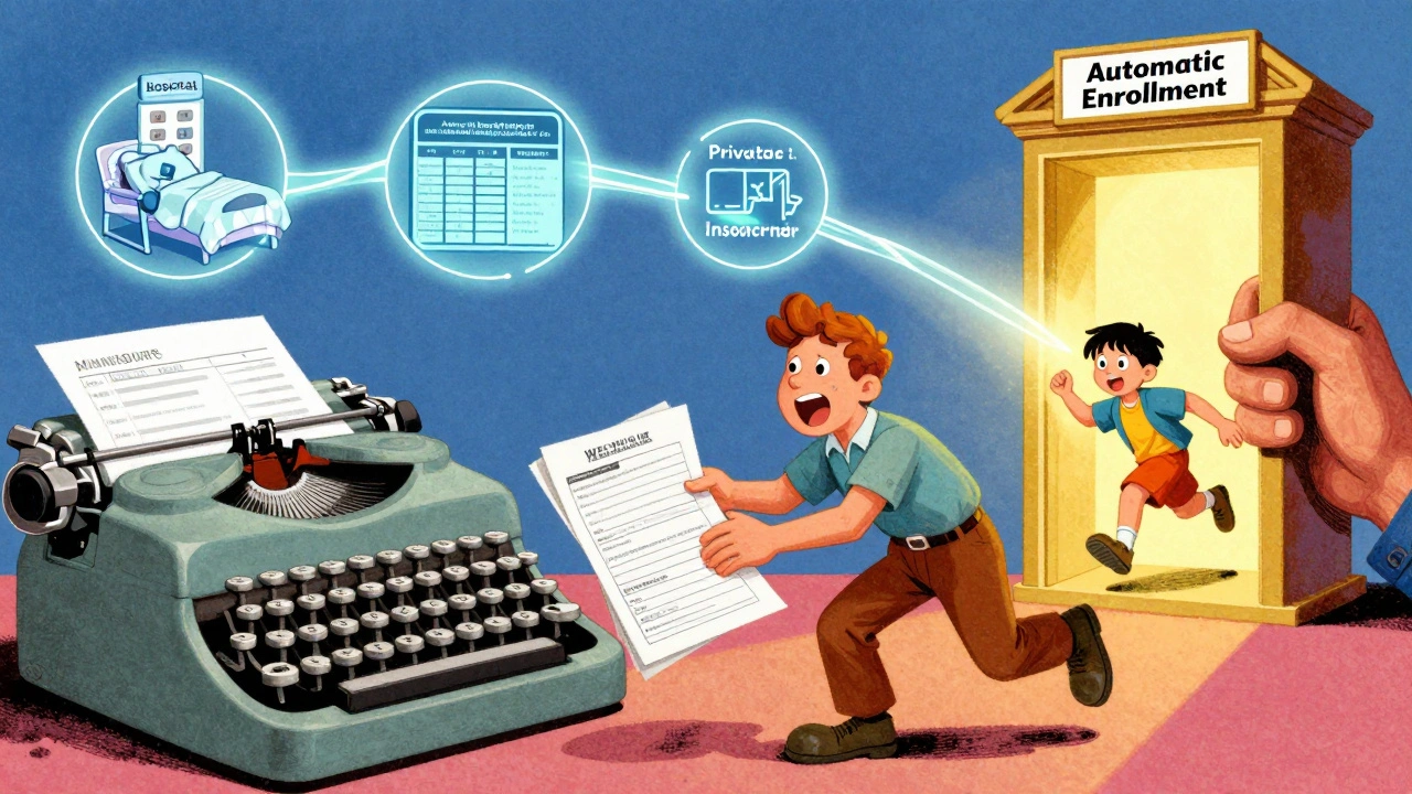 A parent handing paper forms to a bureaucratic hand while a digital thread connects systems, enabling automatic enrollment for a child.