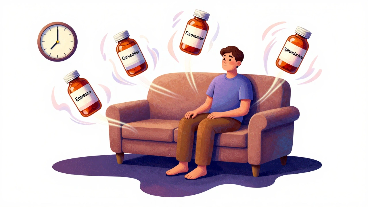 A patient calm on a couch with floating medication bottles healing their heart shadow.