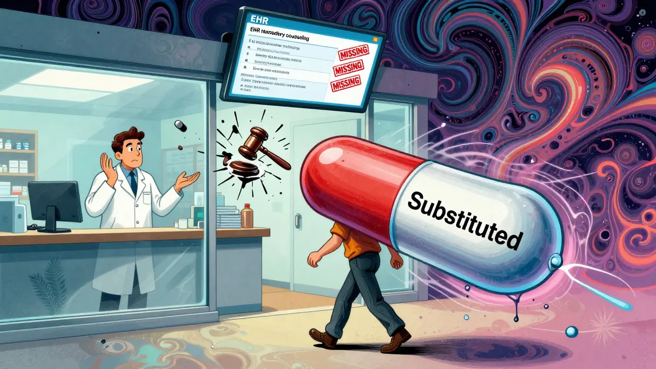 A patient leaving a pharmacy with a substituted generic pill balloon as legal gavels break through the wall.