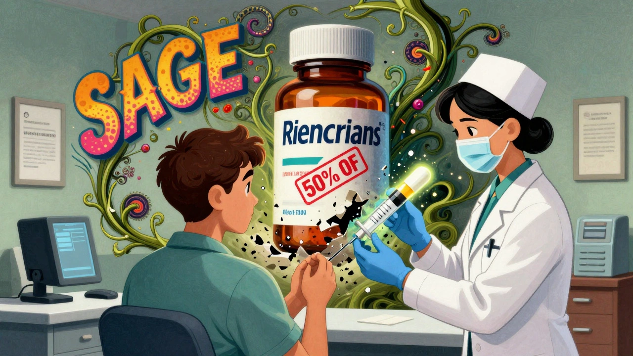 A patient receiving a biosimilar injection as the brand-name drug crumbles, surrounded by psychedelic patterns representing affordable alternatives.