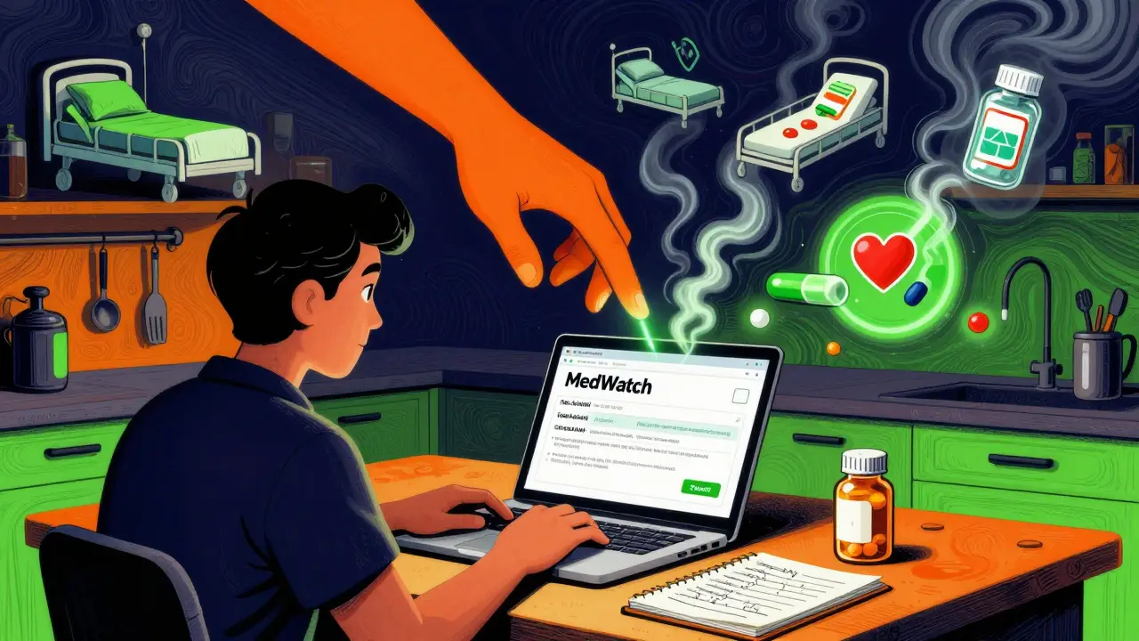 A patient submitting a MedWatch report at home, guided by a surreal floating hand amid floating health icons.