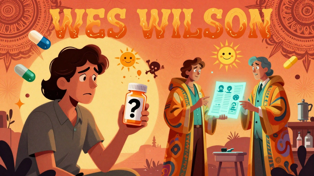 A patient surrounded by floating antibiotic icons, debating with groovy doctors under swirling psychedelic patterns.