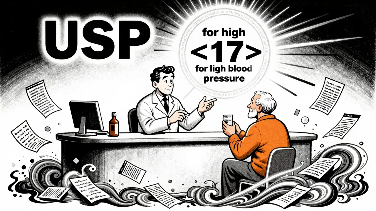 A pharmacist explains a clear prescription label while chaotic old labels swirl below, all in vibrant 1960s poster style.