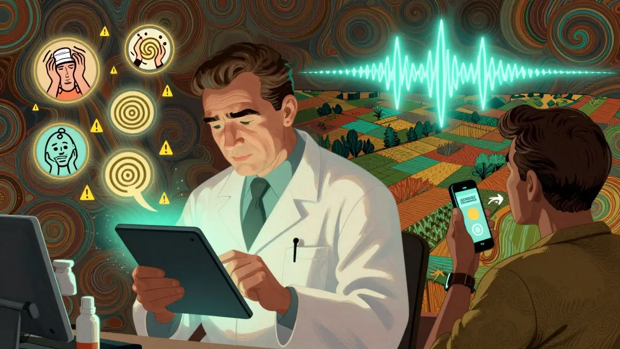 A pharmacist reviews symptom reports with floating warning icons, connected to a patient sending a voice note across rural terrain.