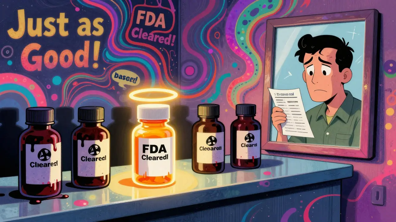 A pharmacy counter with glowing brand-name and shadowy generic pills wearing identical fake logos, melting into ink.