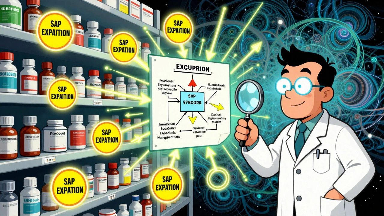 A pharmacy shelf with color-coded expiration alerts and a pharmacist tracing a tiered replacement chart in psychedelic style.
