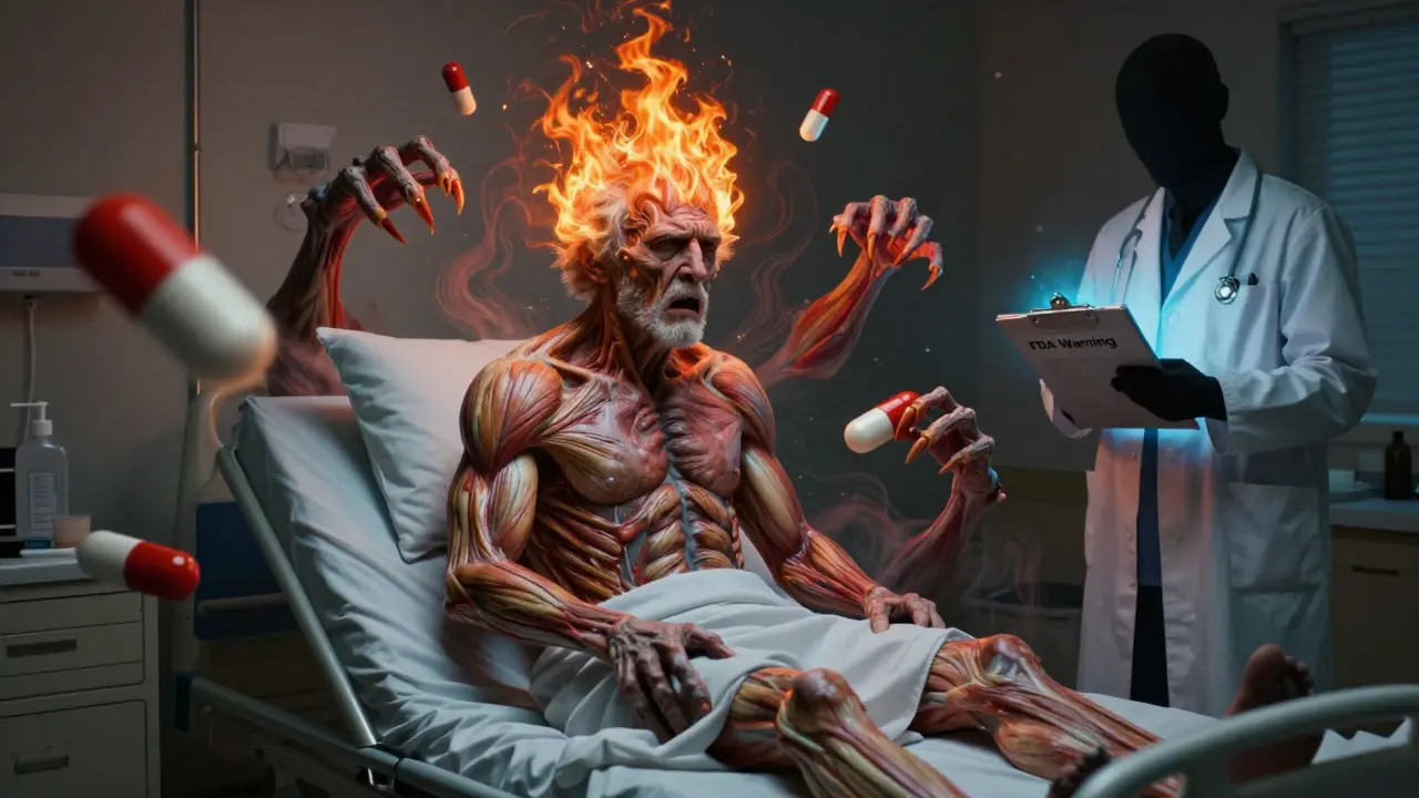 An elderly patient surrounded by pill-claws pulling at stiffening muscles, with fever flames and FDA warning in background.
