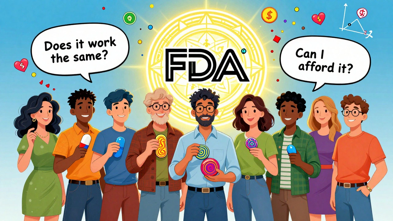 Diverse people holding differently shaped pills under a glowing FDA seal, surrounded by savings symbols.