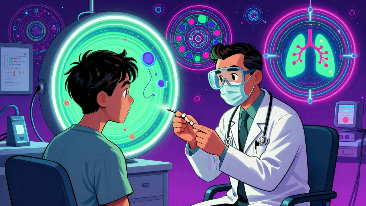 Doctor giving aspirin in hospital, surrounded by glowing medical mandalas of eosinophils and leukotrienes, symptoms displayed as expanding lungs.