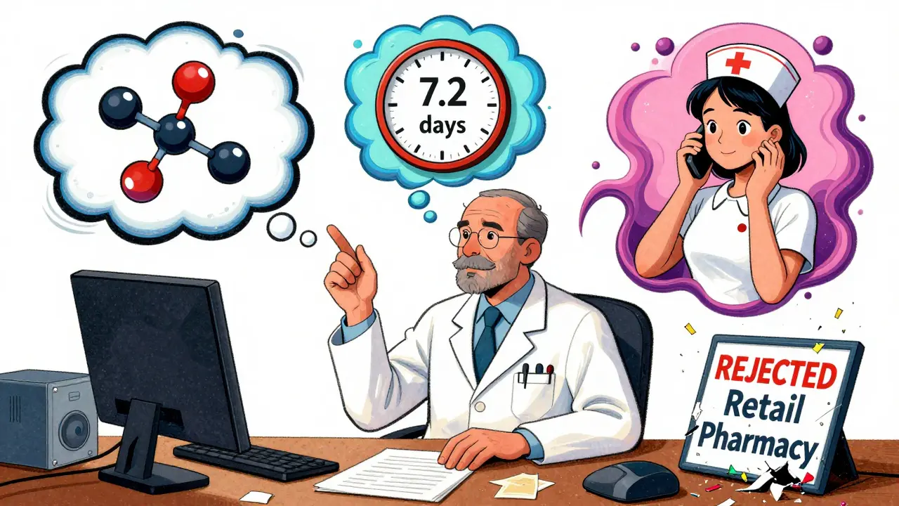 Doctor surrounded by thought bubbles showing biosimilars, time delays, and nurse calls in vibrant cartoon style.