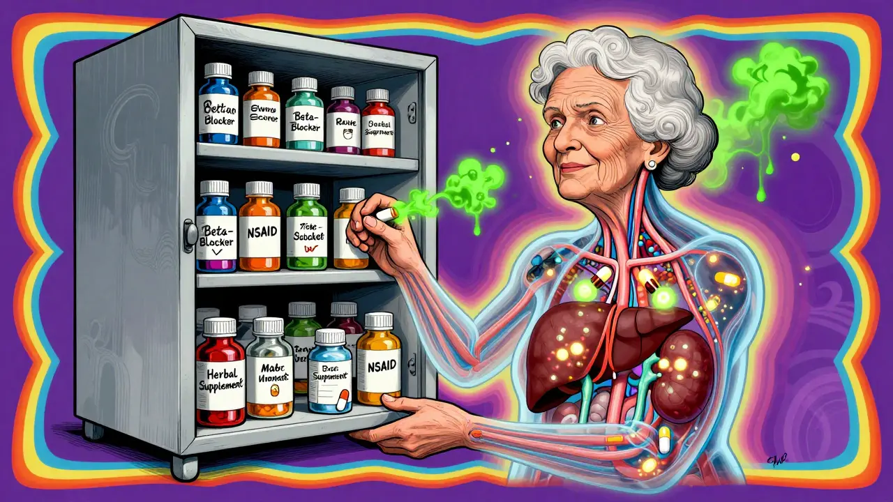 Elderly woman with transparent body showing strained organs, surrounded by overflowing medicine bottles in psychedelic style.