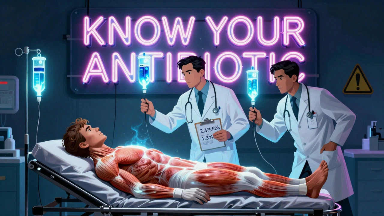 Emergency scene with dimming muscle fibers, doctors administering IVIG, and a glowing neon sign warning about antibiotic risks.