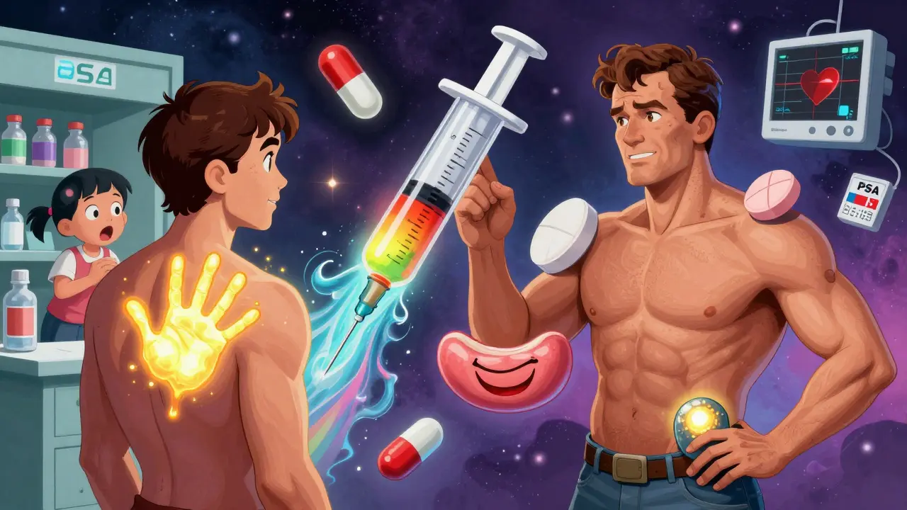 Four surreal testosterone delivery methods floating in a cosmic pharmacy with symbolic icons around them.