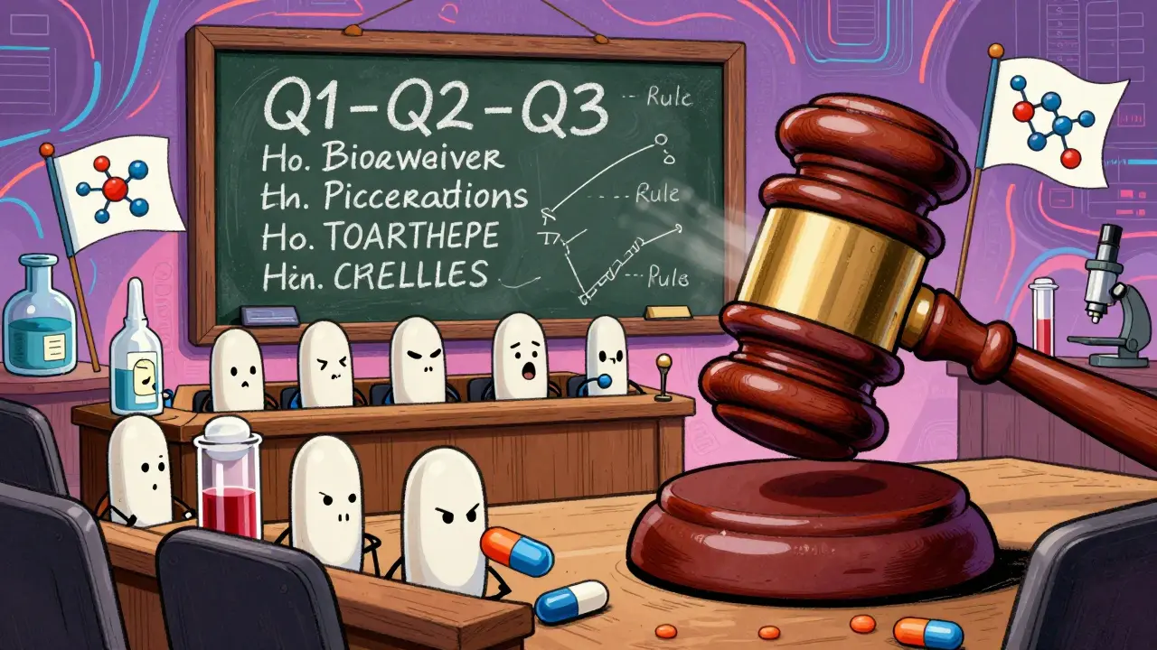 Generic drugs on trial before an FDA gavel, with Q1-Q2-Q3 rule displayed in swirling psychedelic script.