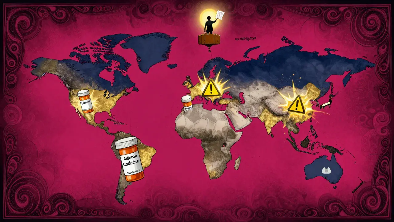 Global map with prescription bottles exploding over countries with strict drug laws, traveler floating above.