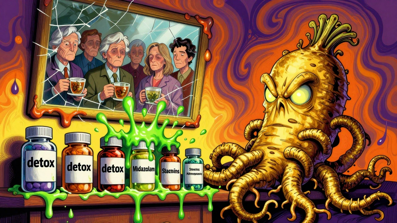 Goldenseal root strangling detox supplements while prescription drugs burst with toxic ooze
