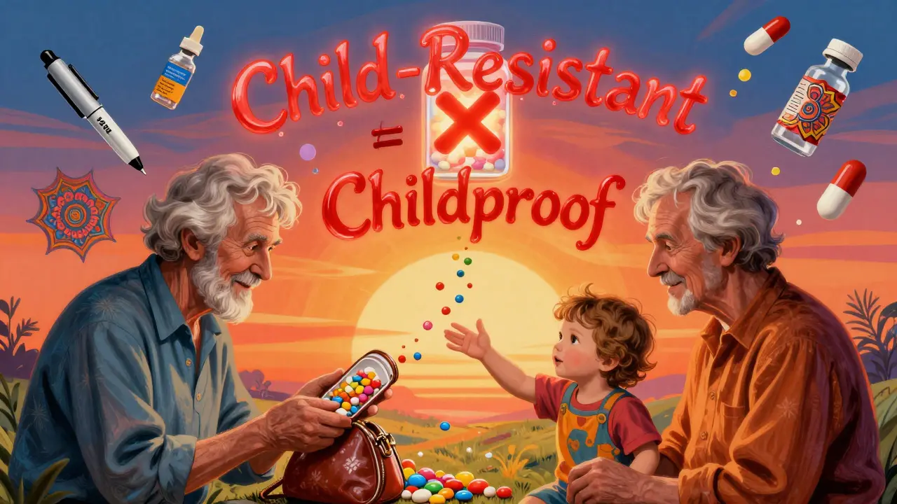 Grandparents' purse spills pills as a child reaches for them, with a red X over a pill and floating medical items in psychedelic patterns.