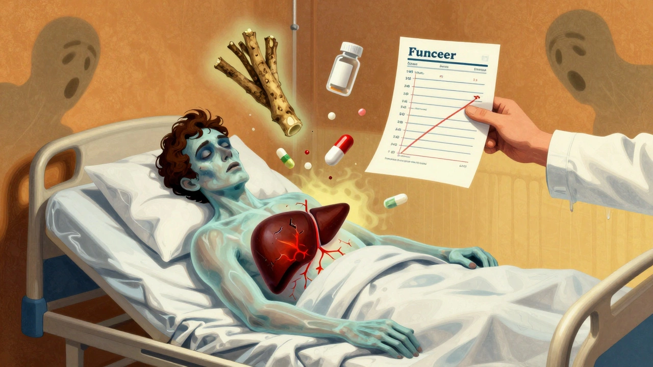 Hospital patient with translucent liver showing damage, surrounded by floating kava, pills, and medical test results.