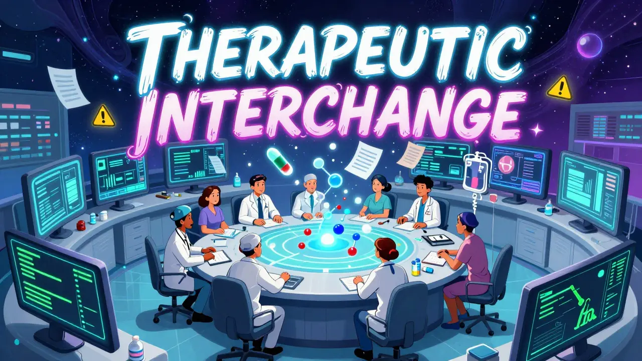 Hospital pharmacy team reviews drug substitutions on glowing EHR screens with floating molecules and clinical alerts in a cosmic control room.