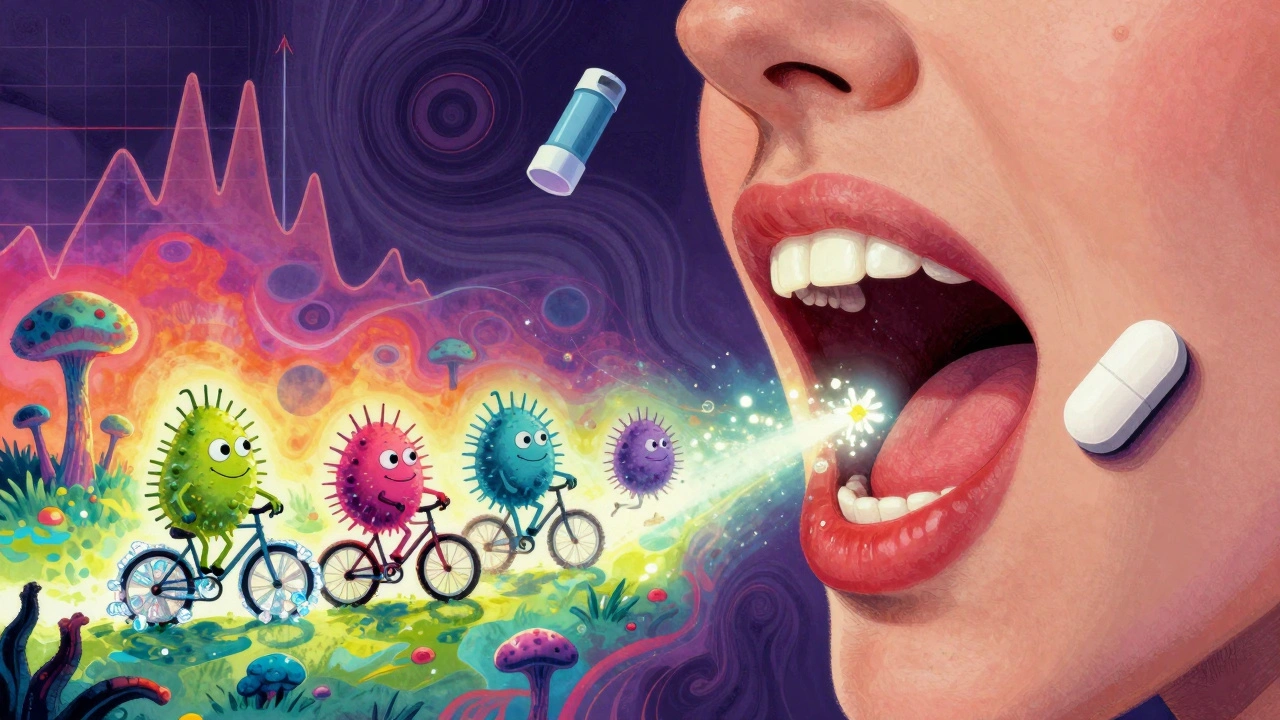 Human mouth landscape with fungi, probiotics, and xylitol crystals in psychedelic illustration style