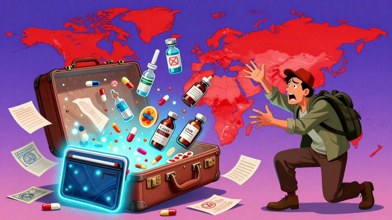 Medications flying from an open suitcase over a world map with banned countries highlighted, a cooling wallet glowing blue.