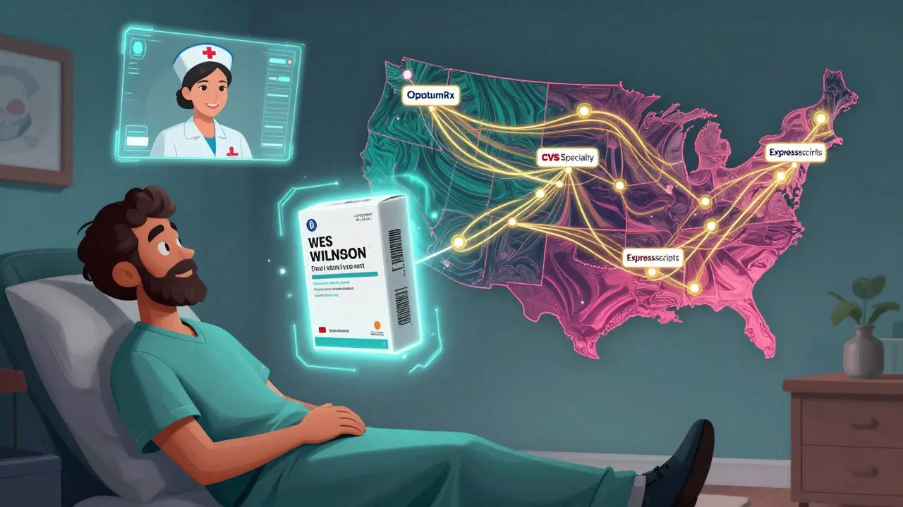 Patient at home receiving a glowing specialty drug package with a nurse hologram and U.S. pharmacy network pulsing around them.