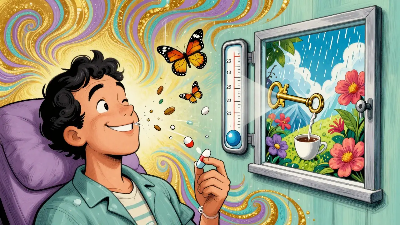 Patient smiling after desensitization, polyps turning to butterflies, smell meter rising, golden key unlocking a colorful world of scents.