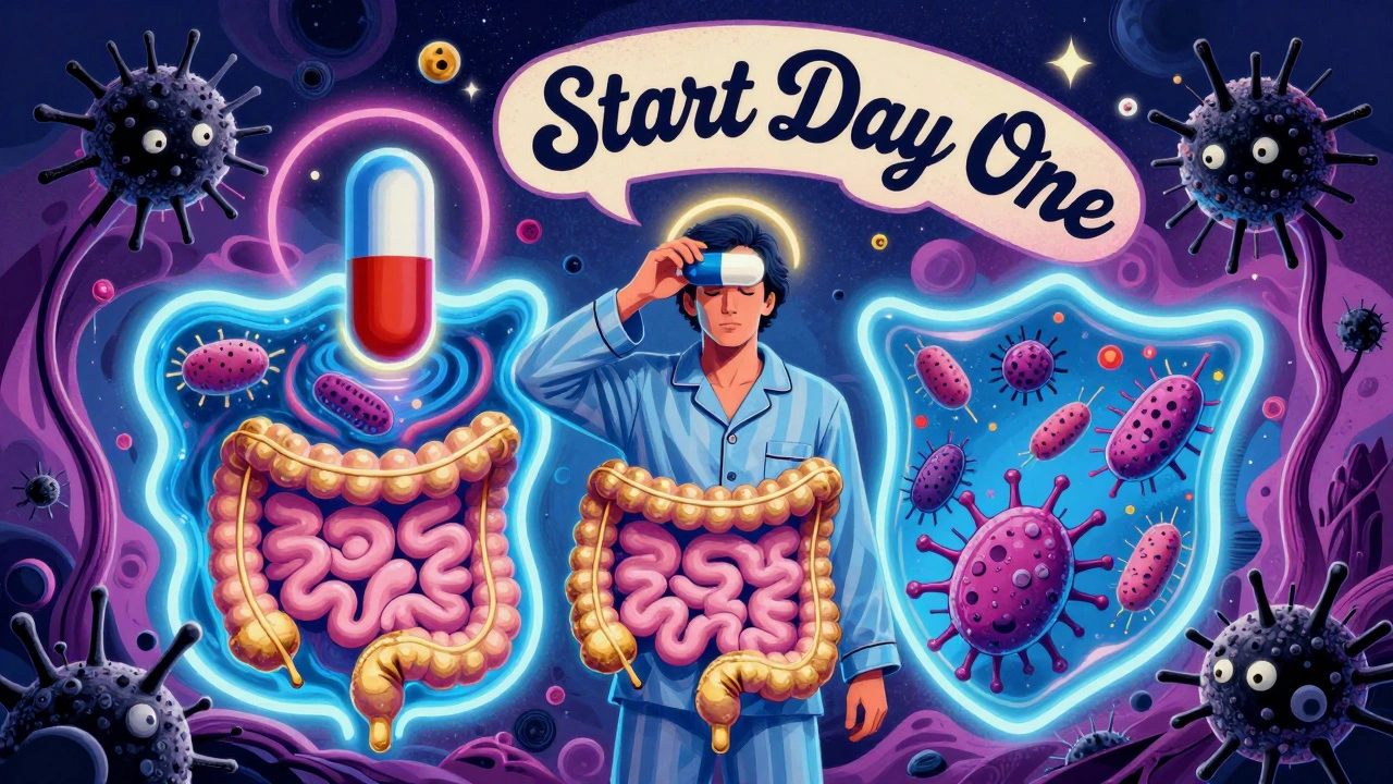 Patient taking probiotic after antibiotic, with protective microbes shielding gut from C. diff spores.