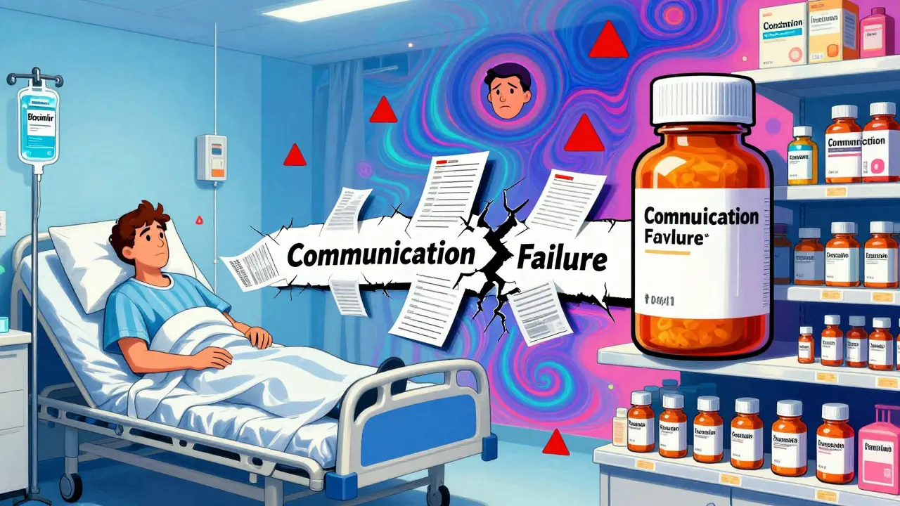 Patient transitions from hospital to home with mismatched pills and a broken bridge of prescriptions, symbolizing care transition errors.