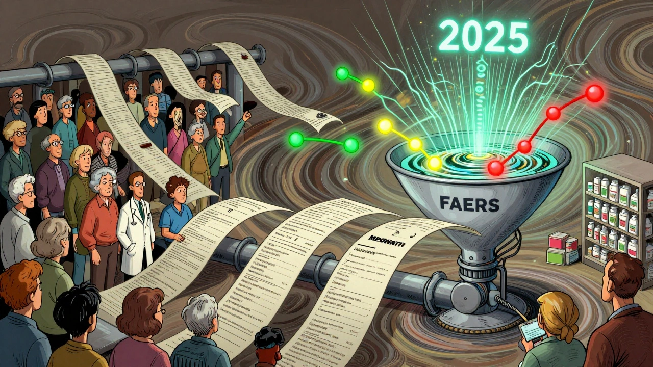 People feeding reports into a giant funnel leading to a swirling FAERS database with signal lights