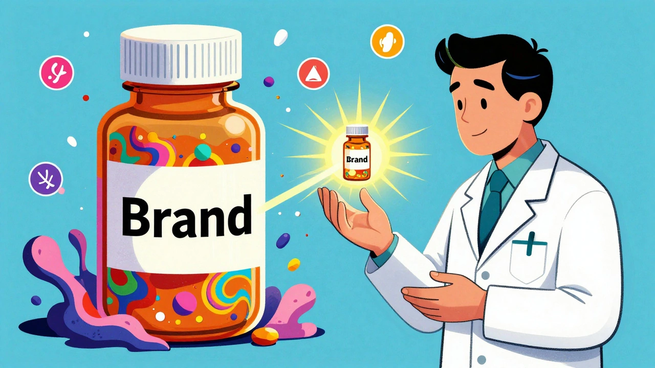 Pharmacist giving a generic pill bottle as a brand-name bottle crumbles, with light bursting from the generic.