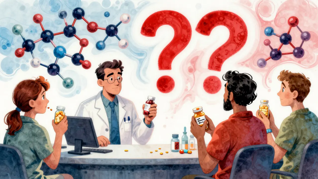 Pharmacist surrounded by floating drug molecules and confused patients, symbolizing dangerous medication interactions.