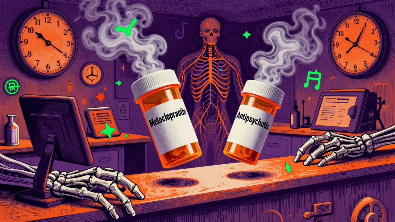 Pharmacy bottles dissolving into grasping hands amid swirling medical symbols in vibrant psychedelic style.