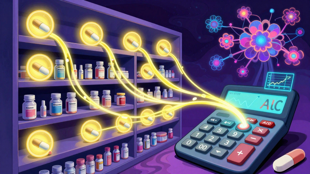 Pharmacy shelf with glowing pills connected by neon dissolution curves and AI predicting drug absorption.