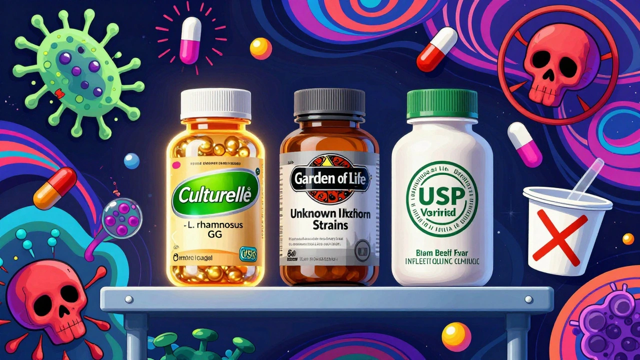 Pharmacy shelf with three probiotic bottles, one glowing with USP seal, others fading or marked with warnings.