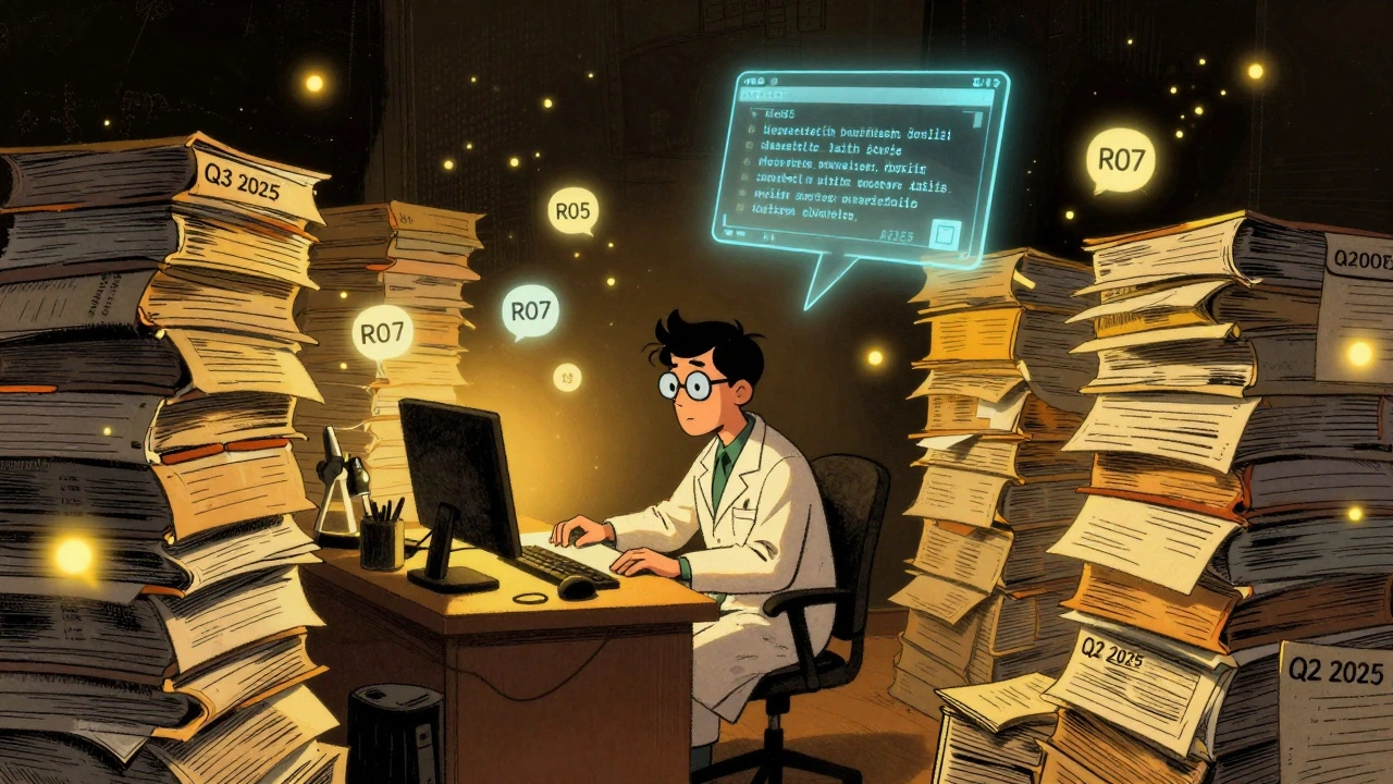 Researcher surrounded by glowing data files and floating MedDRA codes in retro psychedelic style